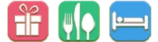 Drei Symbole für Gutschein, Restaurant und Hotel