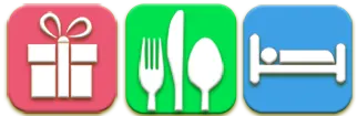 Three symbols for voucher, restaurant and hotel