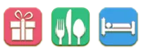 Three symbols for voucher, restaurant and hotel