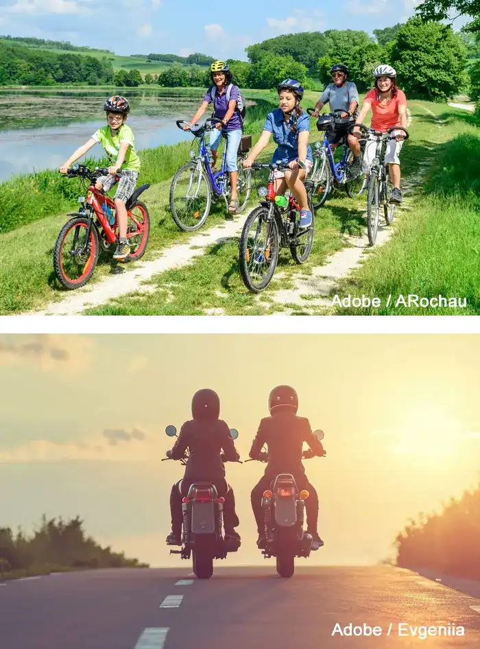 Familienausflug mit dem Fahrrad auf Feldweg und zwei Motorradfahrer im Sonnenaufgang Zwei Fotos: Familienausflug mit dem Fahrrad auf Feldweg und zwei Motorradfahrer im Sonnenaufgang