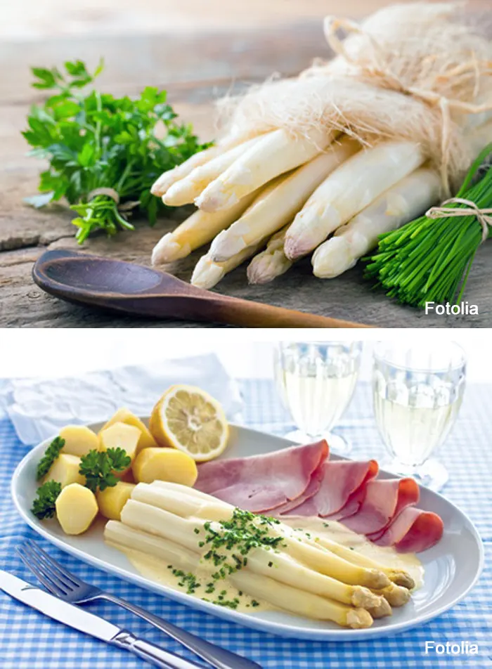 Ein Bund Spargel und ein Spargelgmenü Zwei Fotos: ein Bund Spargel und ein Spargelgmenü
