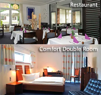Two images of Thomsen: Restaurant and Comfort Double Room