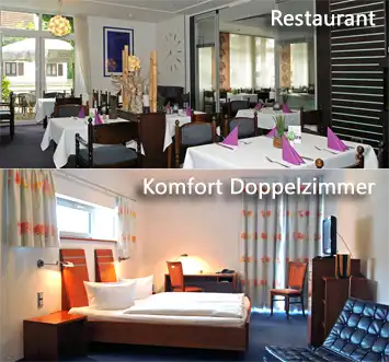 Zwei Fotos von Thomsen: Restaurant und Komfort Doppelzimmer