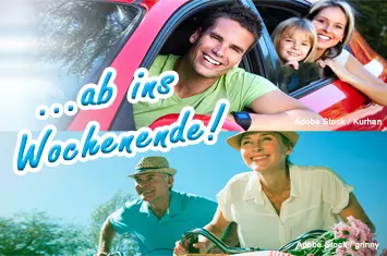 Zwei Fotos: Urlauber im Auto und auf dem Fahrrad