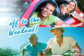 Two images: Tourists in a car and on bicycles