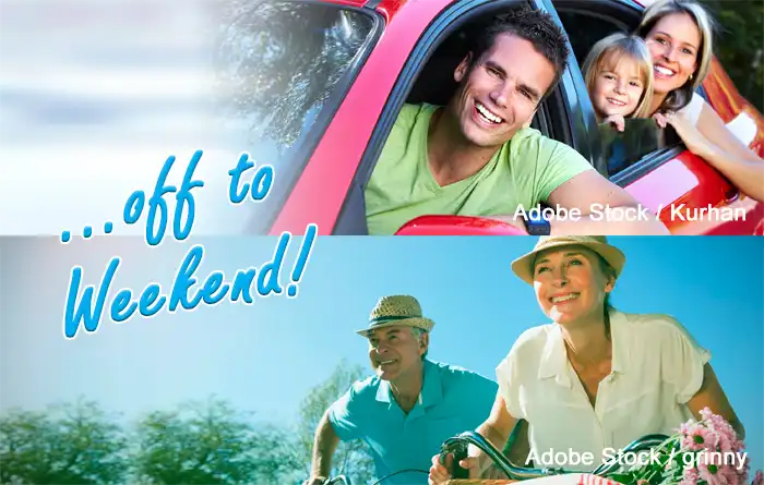 Vacationers in a car and on a bicycle Two photos: vacationers in a car and on a bicycle